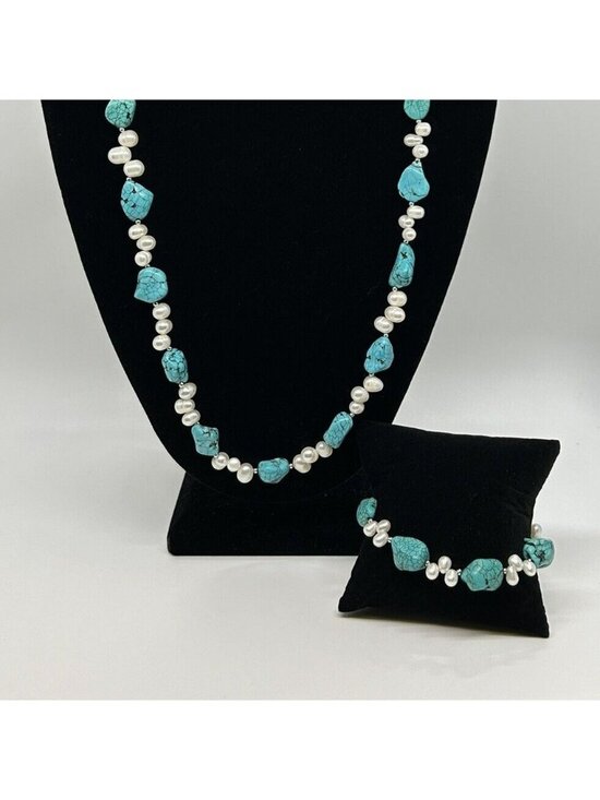 Unbranded Jewelry - Turquoise Color Stone Freshwater Pearl Necklace Bracelet Earrings Jewelry Set